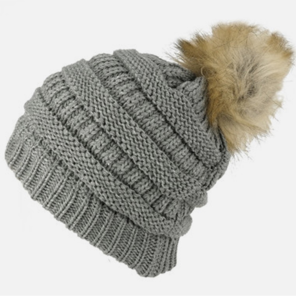 Cozy Gray Knit Beanie with Tan Pom-Pom